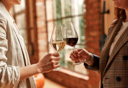 Zwei Personen prosten mit Rot- und Weißweingläsern in eleganter Umgebung an.