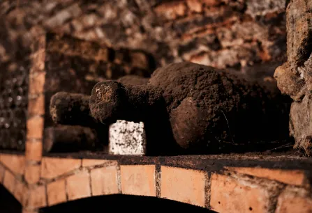 Verstaubte alte Weinflasche in einem ziegelsteinernen Weinkeller.