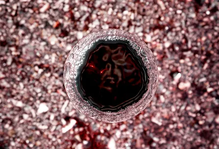 Weinglas in der Draufsicht auf funkelndem, rotem Hintergrund.