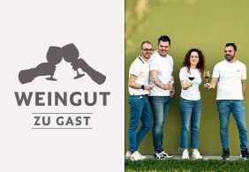 Vier Personen in Jeans und weißen T-Shirts mit Weingläsern vor grüner Wand.