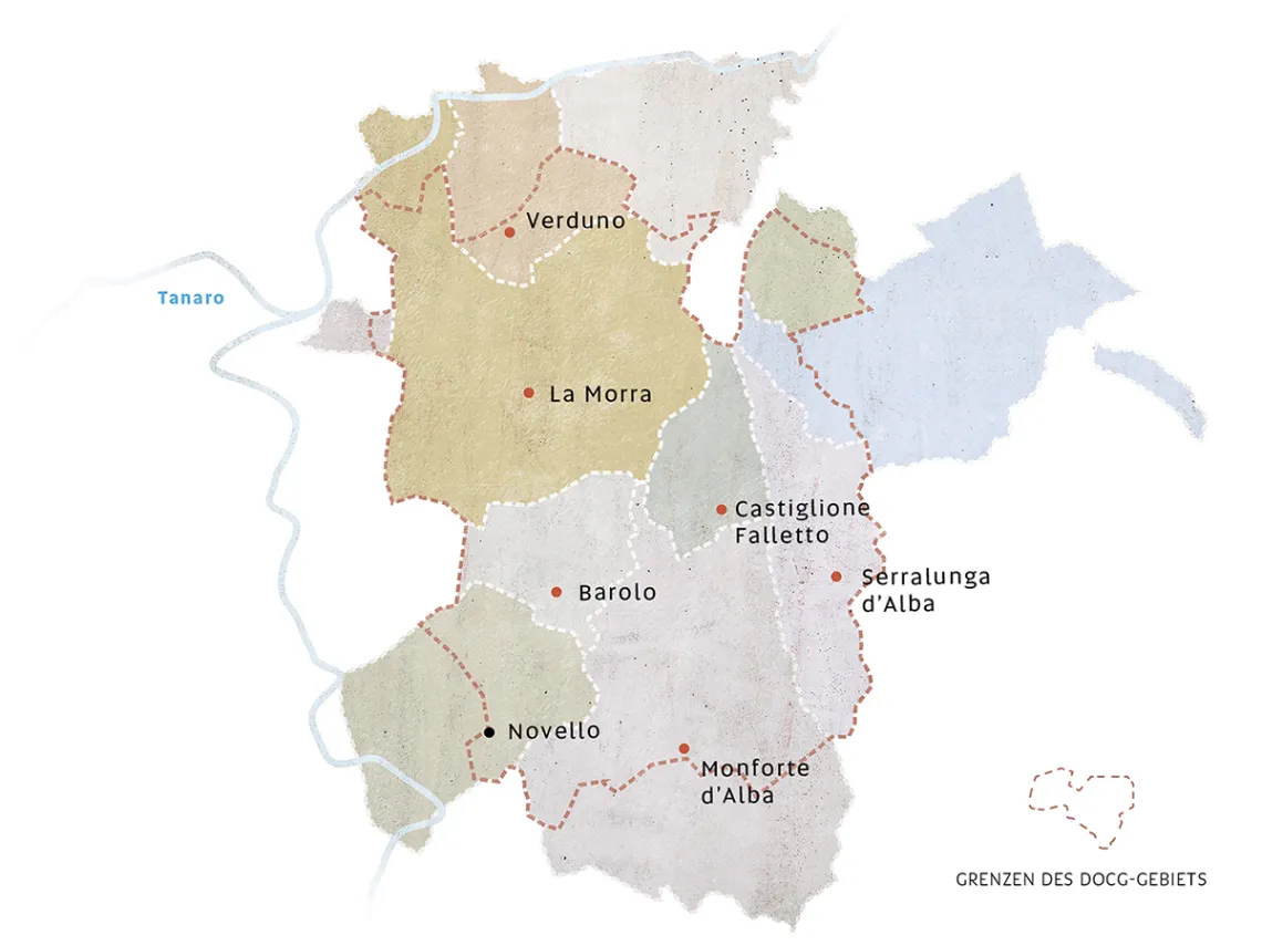 Geografische Karte mit farblich abgegrenzten, benannten Regionen und einem Fluss.