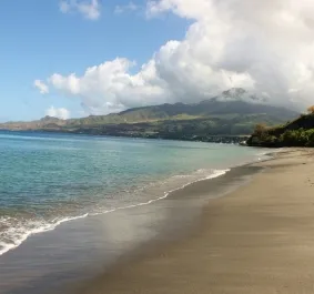 Sonniger Strand mit klarem Wasser, Palmen und einem Berg im Hintergrund.