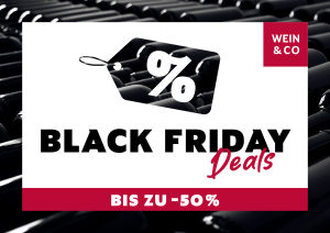 Weinflaschen-Hintergrund, Prozent-Zeichen auf Preisschild, fettgedruckte Black Friday Deals.