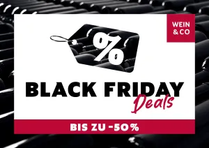 Weinflaschen-Hintergrund, Prozent-Zeichen auf Preisschild, fettgedruckte Black Friday Deals.