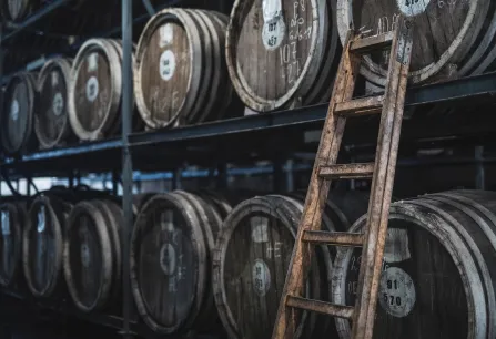 Holzfässer mit Leiter in einem dunklen Lagerraum.