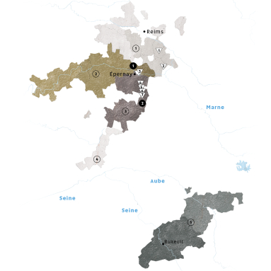 Karte der Champagner-Region mit farblich hervorgehobenen, nummerierten Gebieten.