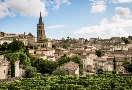 Historische Stadtlandschaft mit Kirche, Weinbergen und mittelalterlicher Architektur unter blauem Himmel.