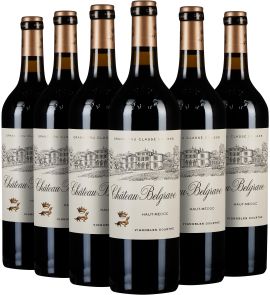 Sechs dunkle Weinflaschen mit goldenen Kapseln und detailliert illustrierten Etiketten.