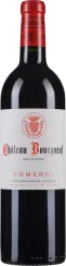 Weinflasche mit rotem Verschluss und elegantem Etikett. Das Etikett zeigt rote und schwarze Schrift sowie ein zentral platziertes Wappen. Die Flasche ist schmal und hoch, typisch für Rotwein.