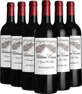 Sechs Rotweinflaschen mit rotem Verschluss und klassischem Etikett, Illustration eines Weinguts.