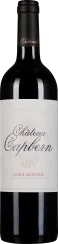 Flasche mit dunklem Glas und schlichtem, elegantem Etikett in Weiß mit schwarzer und roter Schrift. Der Flaschenhals ist mit einer schwarzen Kapsel versehen.