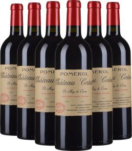 Sechs Weinflaschen mit rotem Korken und cremefarbenem Etikett, elegante Präsentation.