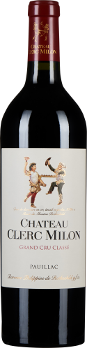 Die Weinflasche hat ein elegantes, dunkelrotes Etikett am Hals und zeigt unten zwei tanzende Figuren auf einem weißen Hauptetikett. Die Flasche selbst ist dunkel und spiegelt Licht, was auf einen hochwertigen Rotwein hindeutet.