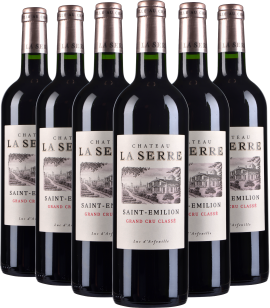 Sechserpack Bordeauxweinflaschen mit klassischem Etikett und elegantem Design.