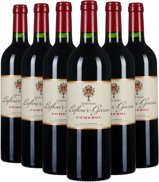 Sechs Flaschen Rotwein mit roten Kapseln und elegantem Etikett in einer Reihe.
