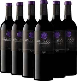 Sechsflaschen-Set Rotwein mit elegantem, schwarzem Etikett und violettem Siegel.