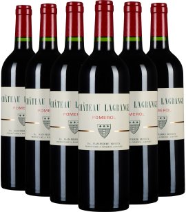 Sechserpack Château Lagrange Weinflaschen mit roten Kapseln und elegantem Etikett.