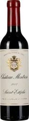 Halbflasche mit rotem Kapselverschluss und elegantem weißen Etikett mit goldenem Wappen und schwarzer, geschwungener Schrift.