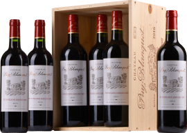 Sechs Rotweinflaschen Château Puy-Blanquet in Holzkiste, elegantes Etikett mit Zeichnung.