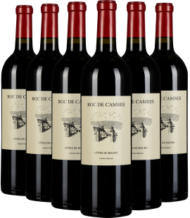 Sechs Weinflaschen mit roten Kapseln und cremefarbenen Etiketten im Vordergrund.