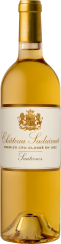 Goldenes Weinglas mit elegantem Etikett, schlichte, klassische Flaschenform.