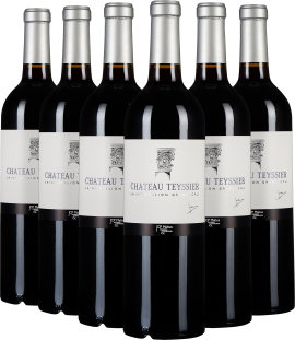 Sechser-Set eleganter Weinflaschen mit silbernem Verschluss und stilvollem, minimalistischen Etikett.