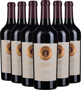 Sechs Weinflaschen mit burgunderfarbenen Kapseln und eleganten goldenen Etiketten in Vorderansicht.