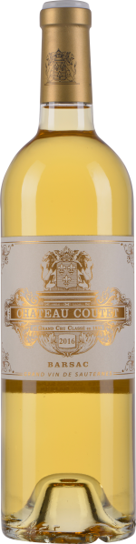 Goldgelber Wein in eleganter Flasche mit kunstvollem Etikett.