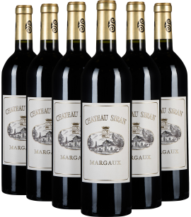 Sechs Rotweinflaschen mit goldenen Kapseln und eleganten Etiketten in einer Reihe.