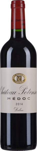 Dunkelrote Weinflasche mit elegantem Etikett und rotem Hals.