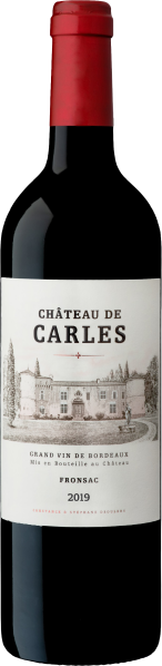 Flasche Rotwein mit rotem Kapselverschluss und elegantem, gezeichnetem Schloss-Etikett.