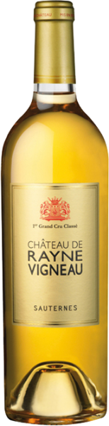 Goldene Weinflasche mit elegantem Etikett und rotem Wappen.