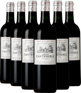 Sechs Flaschen Rotwein Château Cantemerle mit klassischem Etikett vor schwarzem Hintergrund.