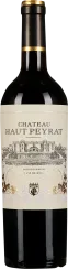 Flasche Rotwein mit elegantem Etikett, zeigt eine schwarz-weiße Zeichnung eines Châteaus und goldene Akzente, darunter Traubenornamente und ein Wappen.