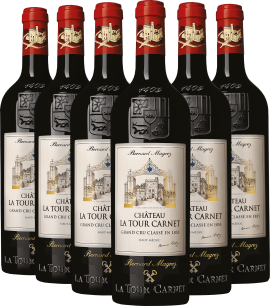 Sechserpack Château La Tour Carnet Weinflaschen mit gold-schwarzem Etikett und rotem Siegel.