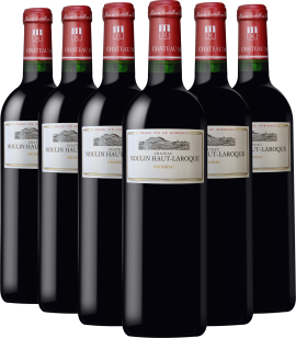 Sechs elegante Weinflaschen mit rotem Verschluss und detailliertem Etikett.