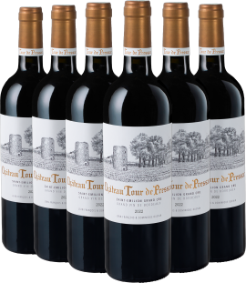 Sechs Flaschen Rotwein mit eleganten, detailreichen Etiketten und goldenen Kapseln.