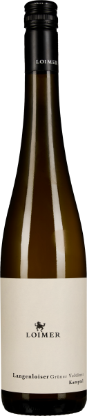 Schlanke grüne Flasche mit schlichtem, elegantem Etikett, schwarzer Schraubverschluss.