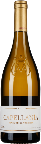 Goldene Weinflasche mit elegantem Etikett und geprägtem Logo.