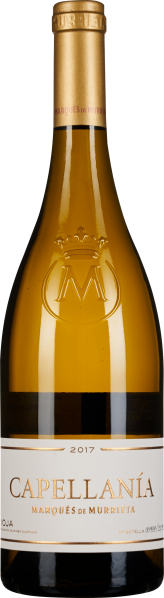 Goldene Weinflasche mit elegantem Emblem und weißem Etikett.