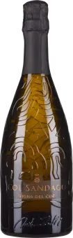 Braune Sektflasche mit elegantem Reliefmuster auf der Glasoberfläche, schwarzer Verschluss und goldene Akzente.