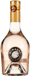 Eine elegante Weinflasche mit roséfarbenem Wein und goldener Kapsel. Die Flasche hat ein rundes Etikett mit floralem Design. Der Wein schimmert leicht im Licht.