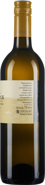 Klarglas-Weinflasche mit goldener Kapsel und elegantem Etikett.
