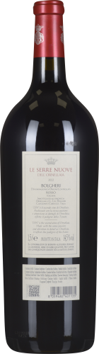 Große, dunkle Weinflasche mit rotem Hals und elegantem Etikett auf der Rückseite.