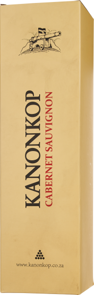 Beige Weinkarton mit schwarzem und rotem Text, illustriertem Kanonenmotiv.