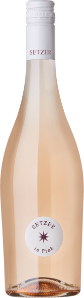 Schlanke Flasche mit zartrosa Wein und weißem Schraubverschluss.