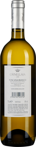 Klargelbe Weinflasche mit eleganter, weißer Etikettierung und silbernem Verschluss.