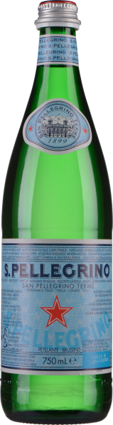 Grüne Glasflasche mit blauem Etikett und rotem Stern, 750 ml.