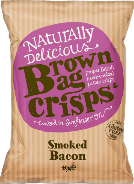 Braune Chipstüte mit violettem Kreis, "Glutenfrei" Aufkleber.