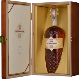 Exquisites Flaschendesign in goldener Holzkiste mit luxuriösem Muster.